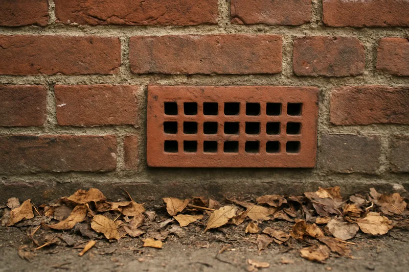 A terracotta air brick set in an old red-brick wall just above the ground with a little leaf litter at its foot — subfloor ventilation, Albury-Wodonga. Illustrative example.