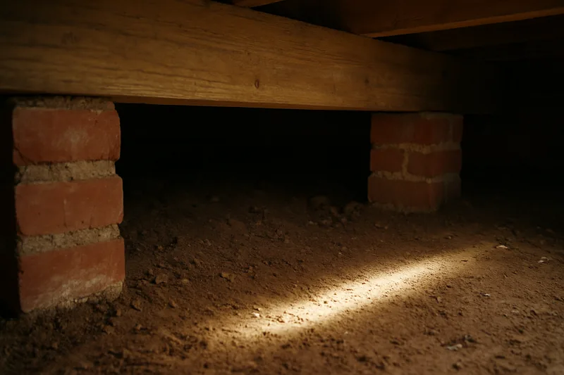 A torch beam running along the gap between bare soil and the underside of a timber bearer — subfloor vents and clearance, Albury-Wodonga. Illustrative example.