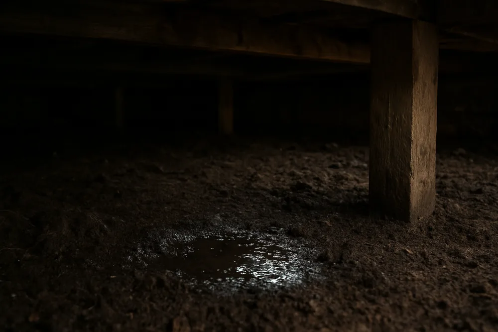 Dark damp-looking soil beneath a timber floor with a glistening patch near a brick pier — damp ground under the house, Albury-Wodonga. Illustrative example.